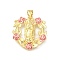 Brass Enamel Pendants, Virgin Mary with Flower Charm, Rack Plating, Long-Lasting Plated, Lead Free & Cadmium Free, Real 18K Gold Plated, Flamingo, 22.5x21.5x3.5mm, Hole: 4.5x3.5mm