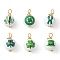 Saint Patrick's Day Printed Wood Pendants, Golden Tone Copper Wire Wrapped Round Charms, Green, 24~24.5x15~16.5mm, Hole: 4~4.5mm