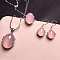 925 Sterling Silver Micro Pave Clear Cubic Zirconia with Natural Chalcedony Pendant Necklaces & Dangle Earrings & Rings Sets, Platinum, Oval, Pink, 400mm
