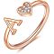 Adjustable Brass Rhinestone Cuff Rings, Letter & Heart, Rose Gold, Letter A, Inner Diameter: 15~20mm