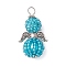 Alloy with Glass Seed Beads Pendants, with Polymer Clay Rhinestone, Angle, Dark Turquoise, 32x17x17mm, Hole: 4x3.5mm
