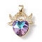 Real 18K Gold Plated Rack Plating Brass Micro Pave Cubic Zirconia Pendants, with Glass, Long-Lasting Plated, Cadmium Free & Lead Free, Two Birds with Heart, Medium Slate Blue, 21x20x8mm, Hole: 5x3mm
