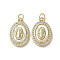 Brass Micro Pave Cubic Zirconia Pendants, Cadmium Free & Lead Free, with Shell, Virgin Mary Pattern, Real 18K Gold Plated, Oval, 19.5x12.5x3mm, Hole: 3mm