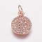 Brass Cubic Zirconia Charms, Flat Round, Rose Gold, 13x10x2.5mm, Hole: 3.5mm