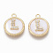 Brass Micro Pave Cubic Zirconia Pendants, with Shell, Flat Round with Letter, Nickel Free, Clear, Creamy White, Real 18K Gold Plated, Letter.L, 17x14x4mm, Hole: 1.8mm