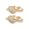 Brass Micro Pave Cubic Zirconia Fold Over Clasps, Cadmium Free & Nickel Free & Lead Free, Heart, Real 18K Gold Plated, 9x20x5mm, Hole: 1.5mm