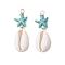2Pcs 2 Colors Cowrie Shell & Synthetic Turquoise Starfish Pendants, Shell Shape Charms with Brass Beads, Turquoise Color, Mixed Color, 42x14x7mm, Hole: 2.5mm, 1pc/color