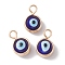 Copper Wire Warpped Handmade Lampwork Pendants, Evil Eye Charms, Light Gold, 17.5x11x9.5mm, Hole: 3mm