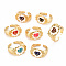 Brass Enamel Cuff Rings, Open Rings, Cadmium Free & Nickel Free & Lead Free, Flower with Smiling Face, Real 16K Gold Plated, Mixed Color, US Size 8, Inner Diameter: 18mm
