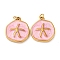 304 Stainless Steel Enamel Pendants, Flat Round with Starfish Charm, with Jump Ring, Ion Plating(IP), Real 18K Gold Plated, Pink, 17x14.5x3mm, Hole: 2.5mm