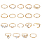 19Pcs 19 Style Alloy Open Cuff Rings Set with Rhinestone,Teardrop & Moon & Heart & Flower & Arrow, Light Gold, Inner Diameter: 15.5~17.8mm, 1Pc/style