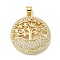 Rack Plating Brass Micro Pave Cubic Zirconia Pendants, Long-Lasting Plated, Lead Free & Cadmium Free, Flat Round with Tree Charms, Real 18K Gold Plated, 26x23.5x4.5mm, Hole: 5x3mm