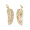 Brass Micro Pave Clear Cubic Zirconia Pendants, Cadmium Free & Nickel Free & Lead Free, with Jump Ring, Feather Charms, Real 18K Gold Plated, 28x9x3.5mm, Hole: 3.5mm