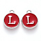 Platinum Plated Alloy Enamel Charms, Cadmium Free & Lead Free, Enamelled Sequins, Flat Round with Letter, Red, Letter.L, 14x12x2mm, Hole: 1.5mm