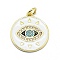 Brass Micro Pave Clear Cubic Zirconia Pendants, Real 18K Gold Plated, Long-Lasting Plated, with Enamel and Jump Rings, Flat Round with Eye, White, 19x17x1mm, Hole: 3mm, Jump rings: 5x0.7mm.