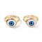 Brass Cuff Rings, Open Rings, with Resin Beads, Long-Lasting Plated, Real 18K Gold Plated, Evil Eye, Dodger Blue, 3mm, Inner Diameter: 17mm