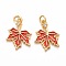 Autumn Theme Brass Cubic Zirconia Charms, with Enamel, Cadmium Free & Lead Free, Golden, Maple Leaf, Crimson, 15x11x1.5mm, Hole: 2mm