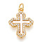 Brass Micro Pave Clear Cubic Zirconia Pendants, Cadmium Free & Lead Free, with Shell, Cross, with Jump Ring, Real 18K Gold Plated, 20.5x15.5x2.5mm, Hole: 3mm