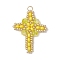Glass Seed Beaded Cross Pendants, with Glass & 304 Stainless Steel Jump Rings, Real 18K Gold Plated, Yellow, 32.5x26x4.5mm, Hole: 3mm