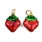 Brass Enamel Fruit Pendants, Strawberry Charms, with Jump Rings, Golden, Rack Plating, Cadmium Free & Lead Free, Long-Lasting Plated, Red, 15.5x12x4.5mm, Hole: 3mm