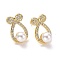 Clear Cubic Zirconia Bowknot with Plastic Pearl Stud Earrings, Brass Jewelry for Women, Cadmium Free & Lead Free, Light Gold, 16x10x7mm, Pin: 0.9mm