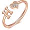 Adjustable Brass Rhinestone Cuff Rings, Letter & Heart, Rose Gold, Letter H, Inner Diameter: 15~20mm