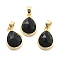 Natural Obsidian Charms, with Golden Plated Brass Findings, Faceted Teardrop, 14.5x10x5.5mm, Hole: 4mm