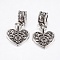 Tibetan Style Alloy European Dangle Charms, Large Hole Pendants, Hollow Heart, Antique Silver, 28mm, Pendant: 16.5x15x1.5mm, Hole: 4.5mm