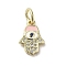 Brass Micro Pave Cubic Zirconia Charms, with Enamel, Cadmium Free & Nickel Free & Lead Free, with Jump Ring, Real 18K Gold Plated, Hamsa Hand/Hand of Miriam with Evil Eye, Pink, 13x9x1.8mm, Hole: 3.8mm