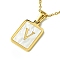 Ion Plating(IP) Rectangle with Initial Letter 304 Stainless Steel Pendant Necklace, white Shell, Real 18K Gold Plated, Letter V, 16.06 inch(40.8cm)
