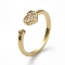 Adjustable Brass Cuff Finger Rings, with Micro Pave Cubic Zirconia, Heart, Clear, Golden, Size 7, 17.7mm