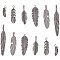 Tibetan Style Pendants Sets, Feather, Nickel Free & Lead Free, Antique Silver, 11~17.5mm wide, 31~80mm long, 2~7mm thick, hole: 2~6x4mm