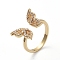 Adjustable Brass Cuff Finger Rings, with Micro Pave Cubic Zirconia, Butterfly, Clear, Golden, Size 7, 17.1mm