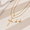 201 Stainless Steel Rhinestones Double-layer Cross Pendant Necklace & Stud Earrings Set for Women, Golden
