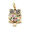 Brass Micro Pave Cubic Zirconia Pendants, Long-Lasting Plated, Cadmium Free & Lead Free, Real 18K Gold Plated, Owl, Colorful, 26x17x5mm, Hole: 3.5x4.5mm
