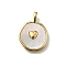 Brass Pave Natural Shell Pendants, Flat Round with Heart Charms, Cadmium Free & Lead Free, Rack Plating, Long-Lasting Plated, Real 18K Gold Plated, 19x14x2mm, Hole: 4x2.5mm