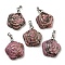 Natural Rhodonite Carved Pendants, Flower Charms with Rack Plating Platinum Plated Brass Pinch Bails, 30x22.5x7.5mm, Hole: 4.5x4mm