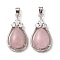 Natural Rose Quartz Pendants, Rack Plating Platinum Tone Brass Teardrop Charms with Crystal Rhinestone, Cadmium Free & Lead Free, 35x19x8mm, Hole: 7.5x4.5mm