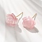 Brass Cat Eye Stud Earrings, Cadmium Free & Lead Free, Rack Plating, Rose, Real 18K Gold Plated, Pink, 10.5x11mm
