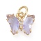 Brass Micro Pave Clear Cubic Zirconia Pendant, with Glass, Butterfly, Golden, Lavender, 11x9.5x3mm, Hole: 3.5mm