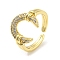 Brass Micro Pave Cubic Zirconia Open Cuff Ring, Cadmium Free & Lead Free, Crescent Moon, Real 16K Gold Plated, Inner Diameter: 17.8mm
