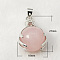 Gemstone Pendants, with Brass Findings and Natural Rose Quartz, Round, Platinum, Pink, 27x18mm, Hole: 4x6mm