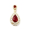Brass Micro Pave Clear Cubic Zirconia Pendants, with Faceted Glass, Teardrop, Real 18K Gold Plated, Red, 32.5mm, Hole: 3.5x2.5mm