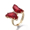 Adjustable Brass Glass Finger Rings, with Clear Cubic Zirconia, Butterfly, Golden, Red, Size 7, Inner Diameter: 17mm