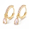 Brass Micro Pave Cubic Zirconia Huggie Hoop Earrings, Real 18K Gold Plated, Teardrop, Pink, 22.5x14.5x2mm, Pin: 0.8mm