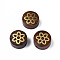 Natural Wood Undyed Beads, with Flower-Shaped Raw(Unplated) Brass Slices, Flat Round, Saddle Brown, 14x7mm, Hole: 1.8mm