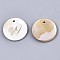 Natural Freshwater Shell Pendants, with Golden Plated Brass Etched Metal Embellishments, Flat Round with Letter, Letter.W, 15x2mm, Hole: 1.2mm