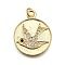 Rack Plating Brass Micro Pave Cubic Zirconia Pendants, Flat Round with Dove, with Jump Ring, Cadmium Free & Lead Free, Long-Lasting Plated, Real 18K Gold Plated, 24.5x20x1.5mm, Hole: 3.5mm