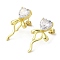 Brass Stud Earrings, with Clear Cubic Zirconia for Women, Heart with Bowknot, Real 18K Gold Plated, 30x16mm