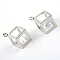 Brass Glass Charms, Cube, Silver, 15x11x8mm, Hole: 1.4mm